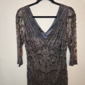 Pisaro Nights Smoke Gray Beaded Mesh Dress V-Neck Evening Dress 14